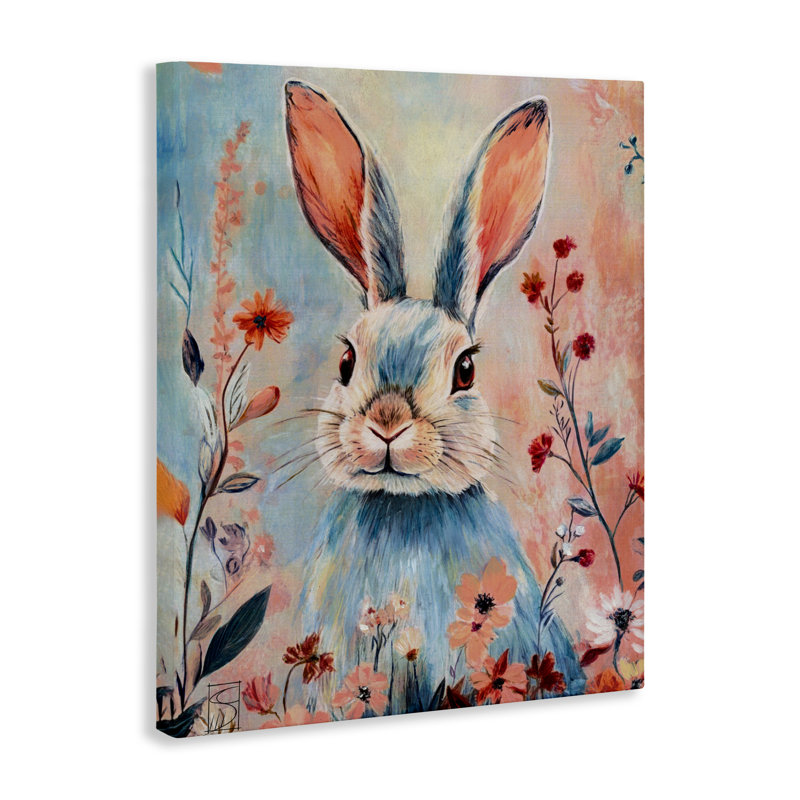 Lapin bleu et toile de fleurs sauvages, design par Sara Culpepper, H 20 po x l 16 po
