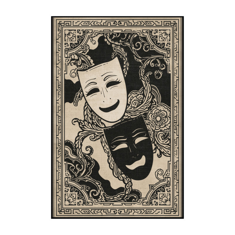 Machine Washable Pacen Comedy Tragedy Masks Classic Oriental Rug in Beige – Black Binding, 5x7