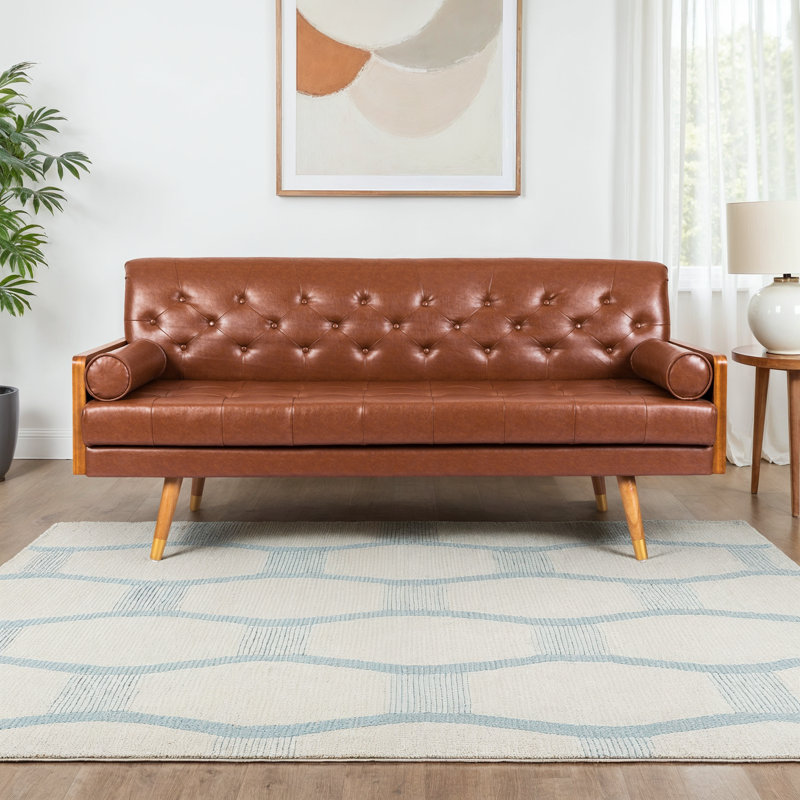 Bel-Air 72.2" Mid Century Modern Tufted 3 Seater Sofa with Bolster Pillows, Brown Polyester