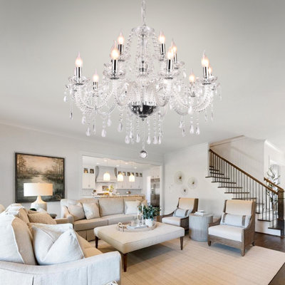 Lustre en cristal K9 à 12 lumières pour salle à manger (12 ampoules E12 requises) | Abat-jour en cristal transparent, hauteur de suspension réglable, structure métallique robuste, luminaire élégant de style européen pour la décoration intérieure.