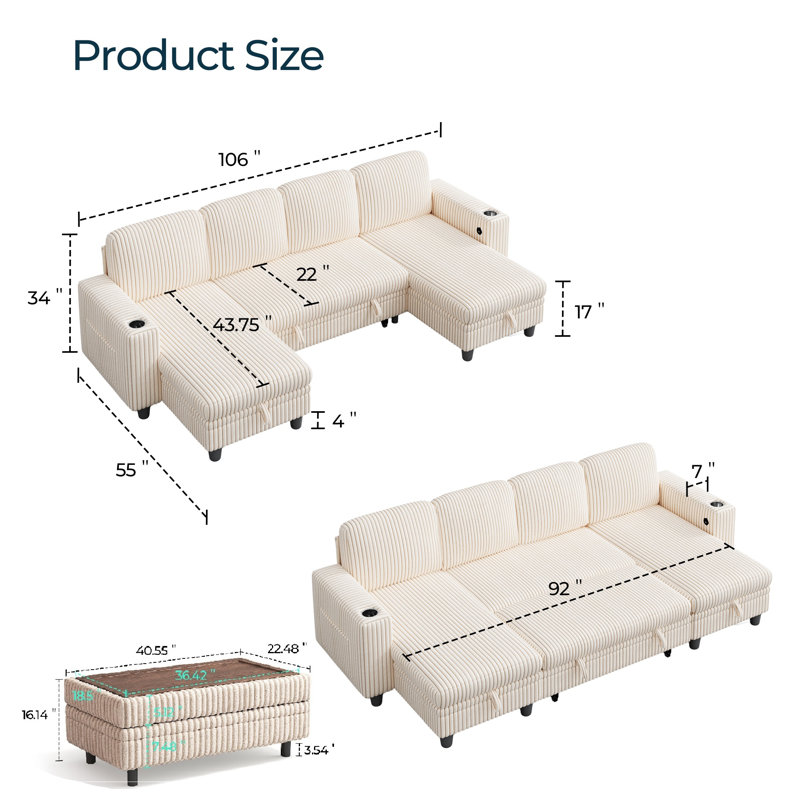 Sherry 106“  Upholstered Modular U-Shape Modular Sectional with Storage, Charging & Cup Holders, Effie Beige Corduroy