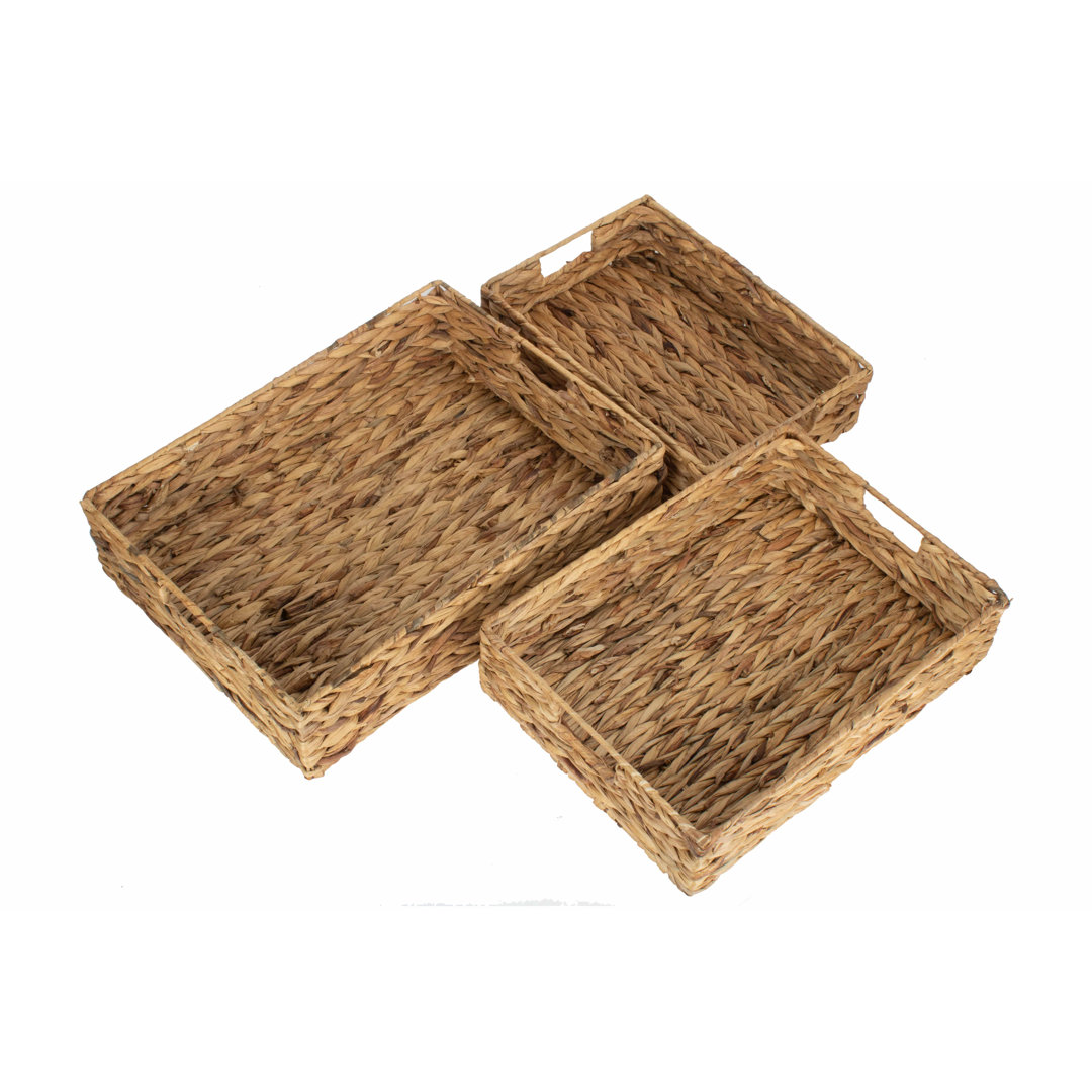 Dufrene Wicker 3 Piece Shallow Rectangular Storage Basket Tray Set