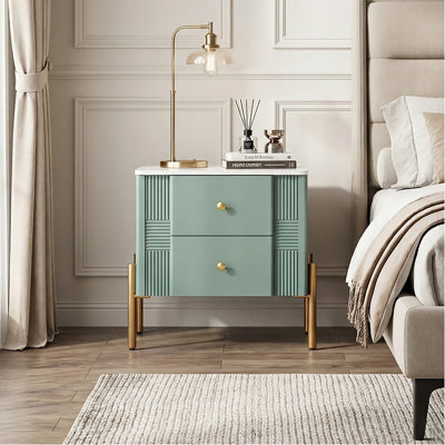 Modern Nightstand With 2 Storage Drawers,Fluted Wood Bed Side Table With Metal Legs