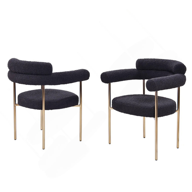 Ensemble de 2 chaises de cuisine en tissu avec accoudoirs et fauteuil rembourré Boucle, Doré, Noir