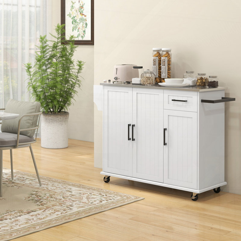 Îlot de cuisine avec rangement, îlot de cuisine sur roulettes avec tiroir, 3 armoires, comptoir en acier inoxydable, support à épices et porte-serviettes