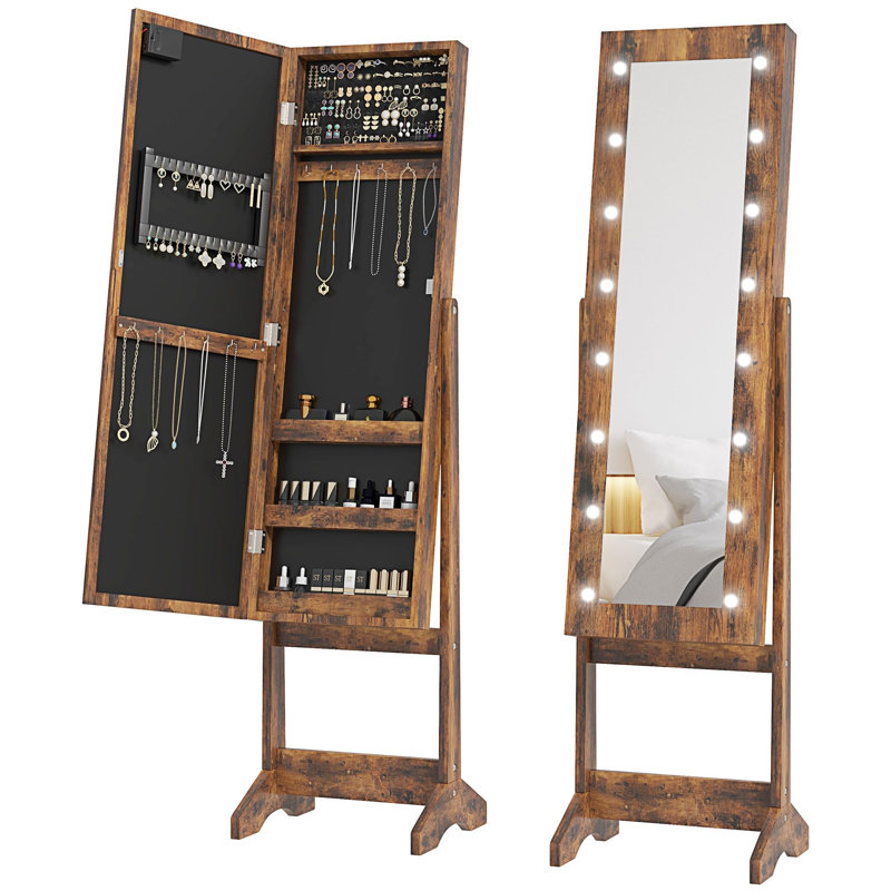 Freestanding Mirror Jewelry Cabinet With LED Lights, Jewellery Organiser With 3 Angle Adjustable, Full-Length Mirror With Storage For Earrings, Necklaces, Rings And Lipsticks