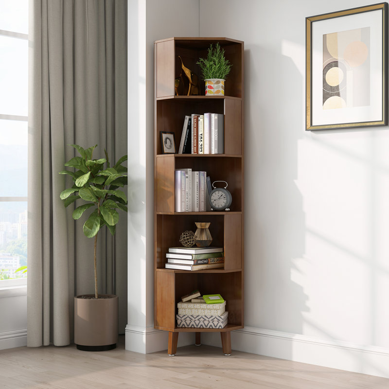 Bibliothèque de coin en bambou avec étagère de rangement, (5 tablettes) H 71,4 po x l 13,8 po x P 13,8 po