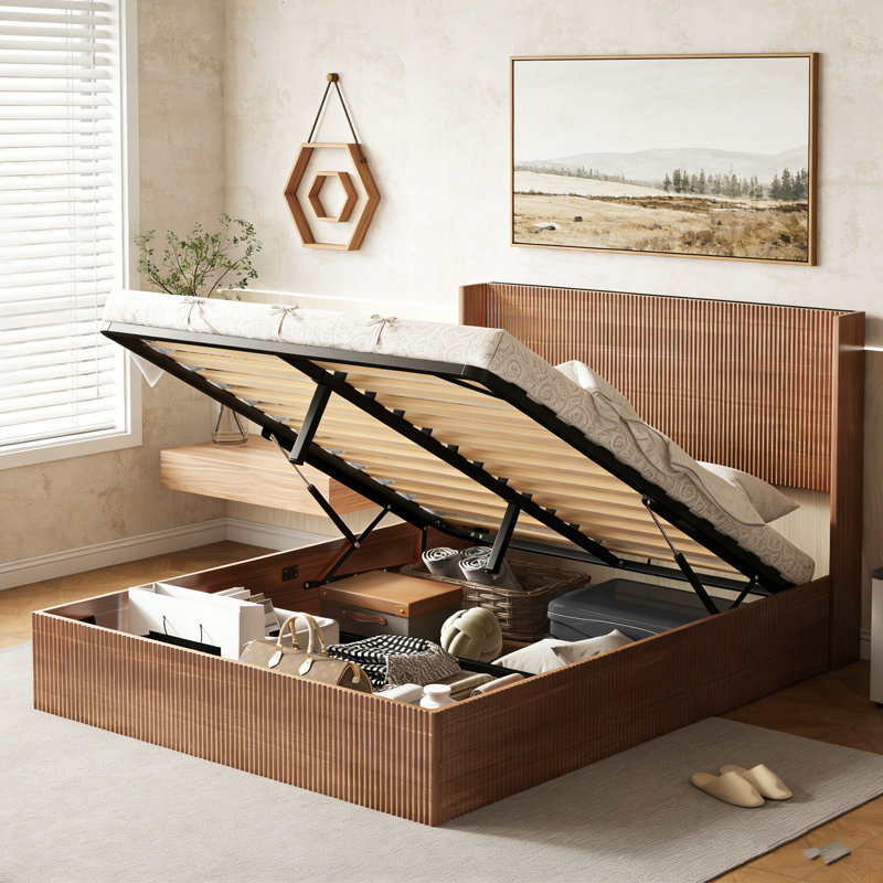 Structure de lit avec rangement à plateforme en bois naturel rustique brun ondulé, sans sommier, sans bruit, King