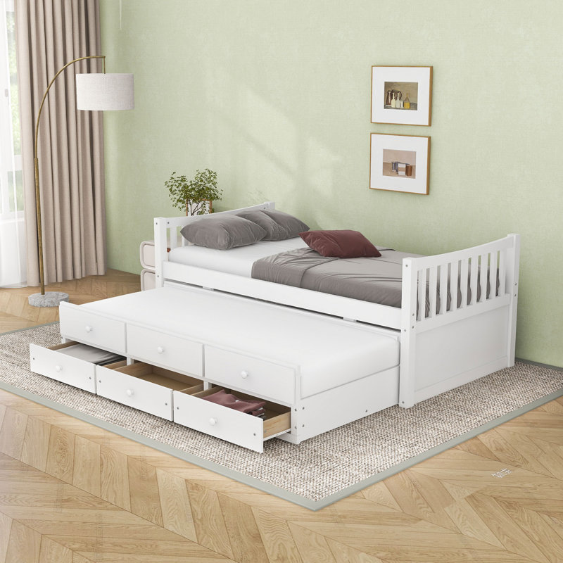 Twin Storage Platform Bed with Trundle and Drawers, White