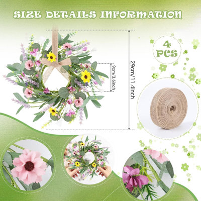4 pièces 9 po Mini couronne de fleurs d'été de printemps Bougie de mariage florale Anneaux Couronnes Armoire de cuisine Couronnes avec ruban pour piliers Table de mariage Centre de table Maison de campagne Fête intérieure Porte toutes saisons