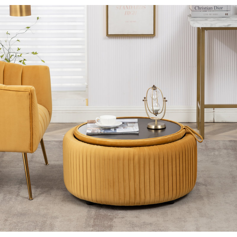 Savinien Upholstered Round Storage Ottoman, Yellow Velvet