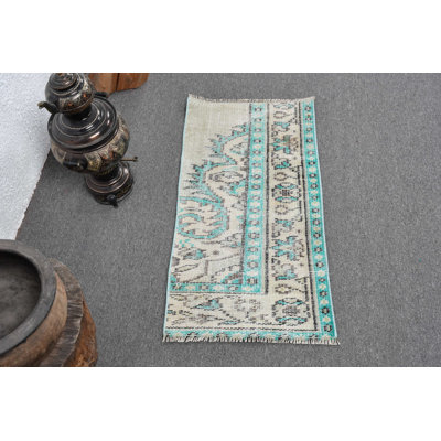 Handcrafted Vintage Turkish Teal Door Mat with Unique Geometric Design for Entryway Decor Beige/Green