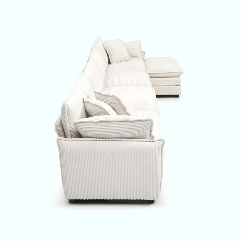 U Shape Sofa, Modern Upholstered 4 Seater Sofa With 2 Ottomans, Premium Soft Sofa, White Corduroy