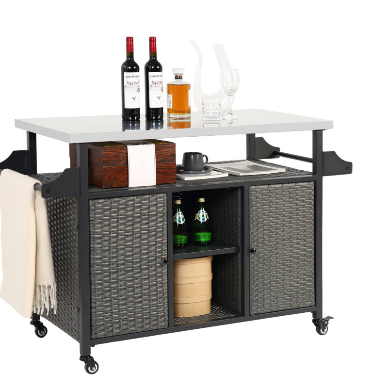 Large Outdoor Wicker Kitchen Island Cart With Stainless Steel Top, Wheels, And Ample Storage For Durable Use