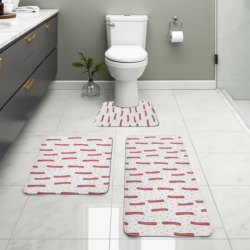  Bacon Bathroom Rug Set 3 Pieces U-Shape & Rectangle Mats Pale Maroon White