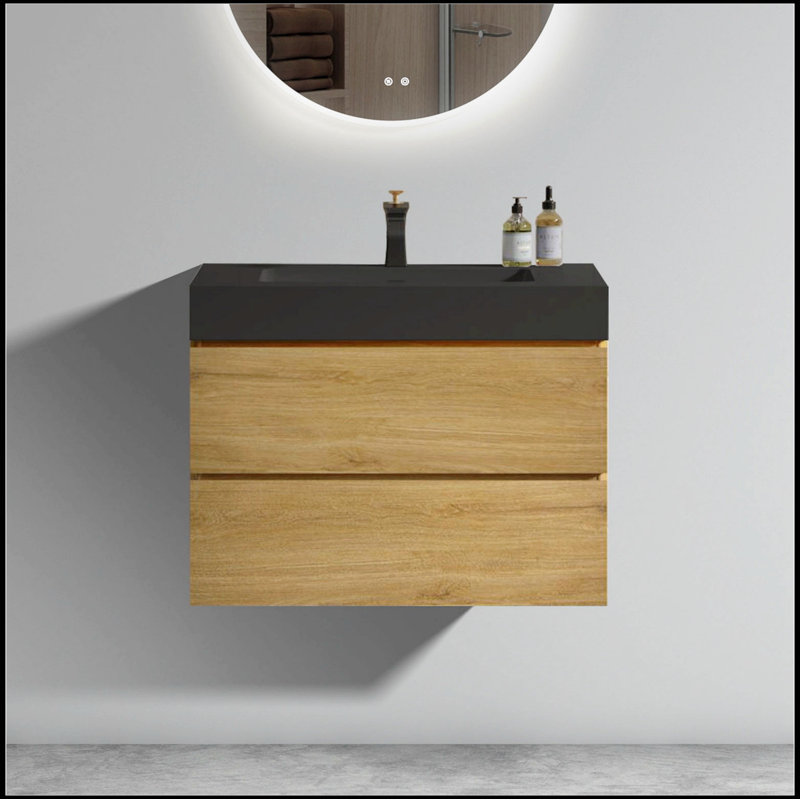 Meuble-lavabo mural 30 po en chêne naturel avec lavabo, grand meuble-lavabo flottant mural
