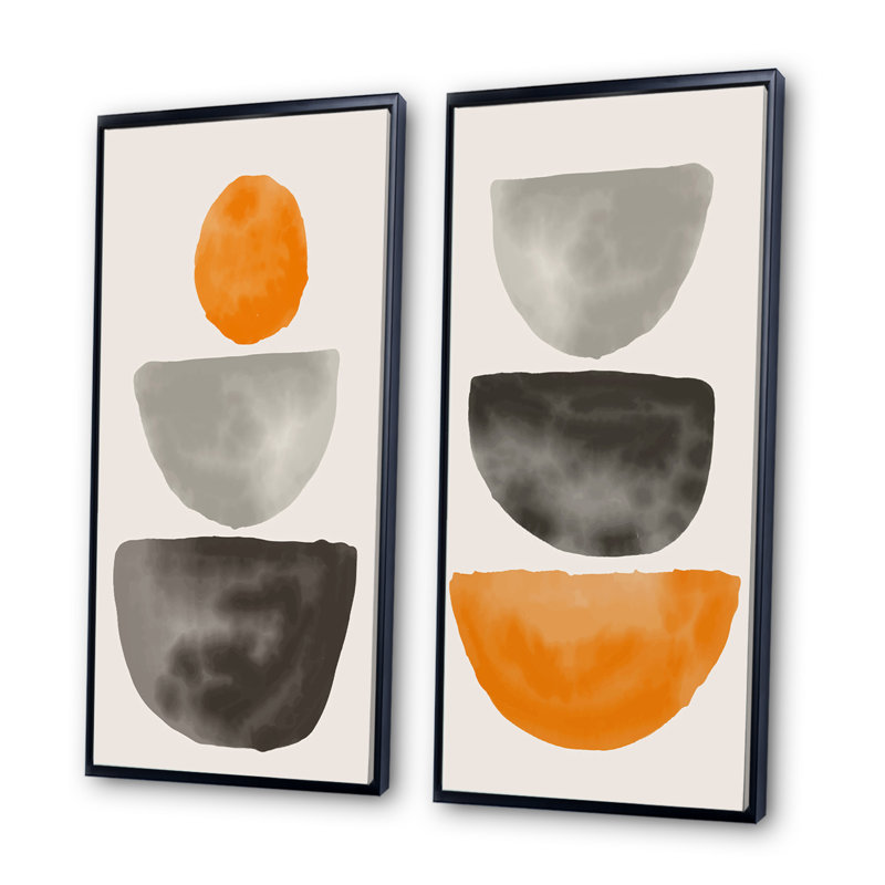 Minimal demi-lune abstraite I - ensemble de 2 peintures, H 32 po x l 32 po x P 1 po, Cadre noir