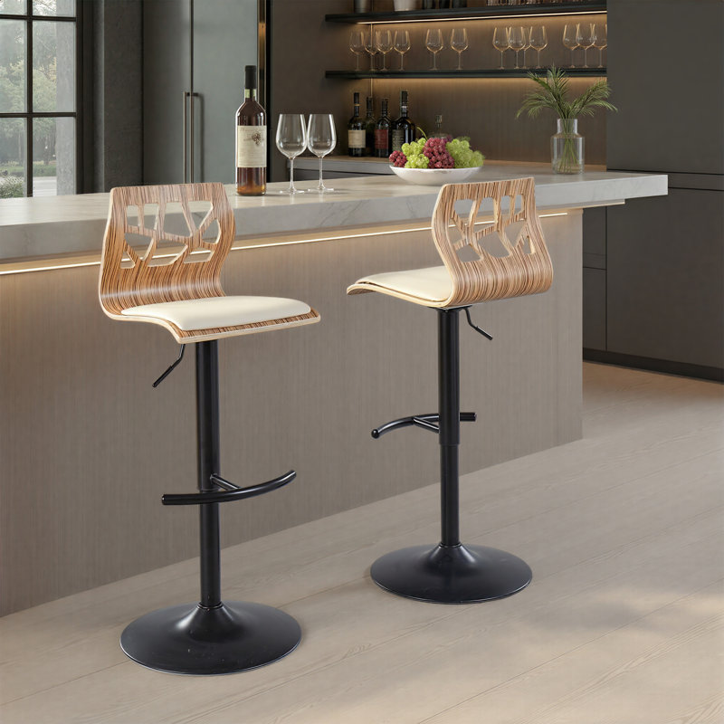 Tabourets ajustables avec repose-pieds arrondi Fayette, Noir, Similicuir crème / bois zébré