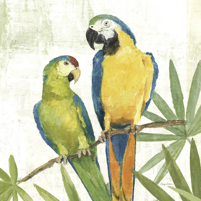 Duo de perroquets sur une branche, crevettes, bleu, vert, jaune, H 24 po x l 36 po x P 1,5 po