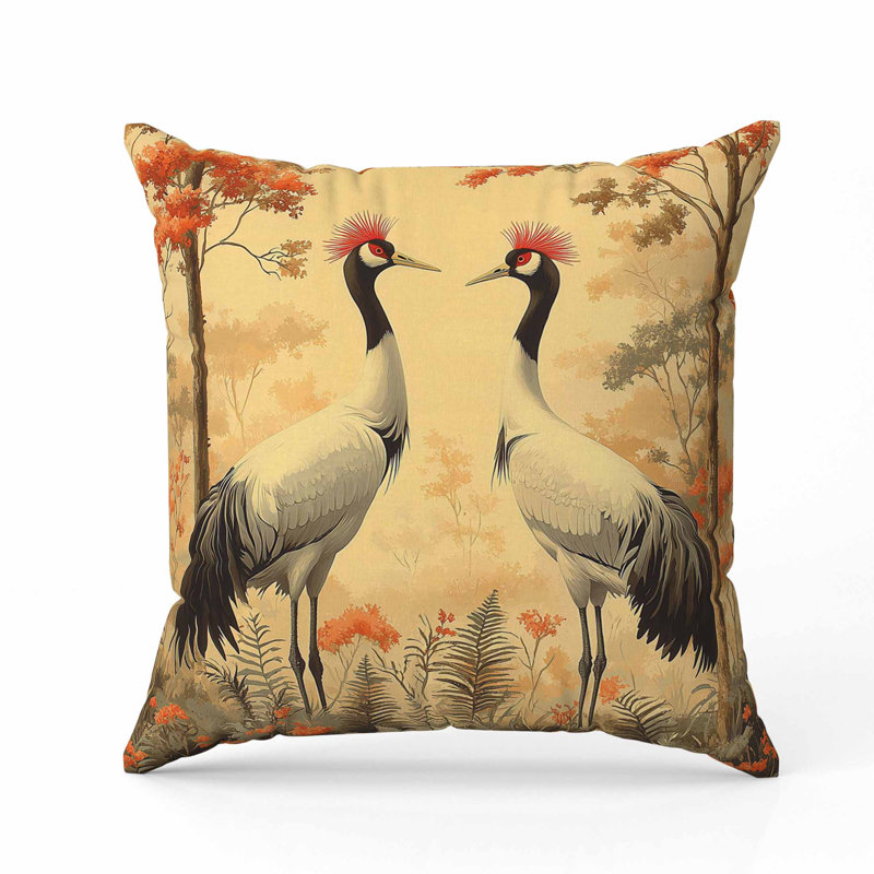 Coussin en faux suède Autumnal Cranes, Beige / Jaune / Orange, Carré 26 po