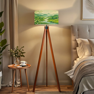  Lampe sur pied à trépied, vert, paysage de vallée, rivière, champs en terrasses, fleurs à marguerite à DEL avec pieds en bois de hêtre et abat-jour en lin amovible pour le salon et la chambre à coucher
