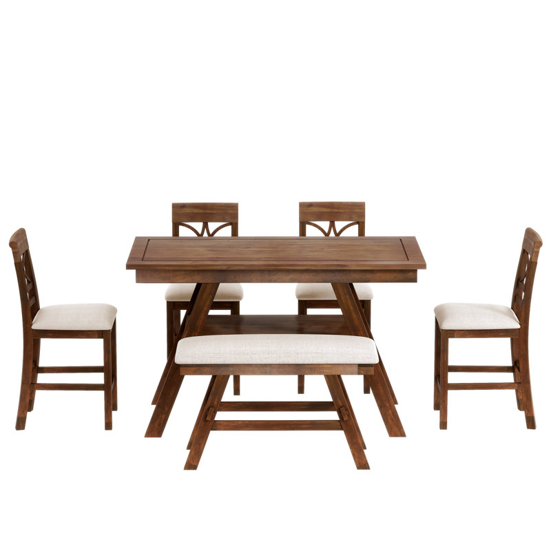 Ensemble de table de salle à manger à hauteur de comptoir en bois 6 pièces avec tablette de rangement, ensemble de table de cuisine avec banc et 4 chaises de style rustique TopMAX, noyer et coussin beige