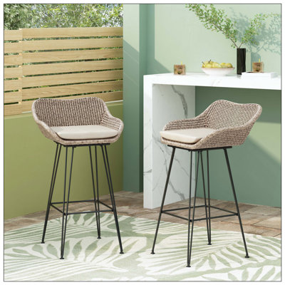 Bar Stools (Set Of 2), PE Rattan Material, Long-Lasting Woven Finish, Durable, Versatile Appearance, Blends With Outdoor Decor