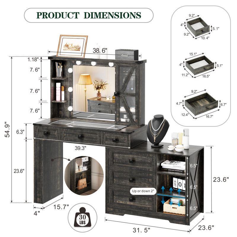 Makeup Vanity Desk With Storage Cabinet and Power Outlet, Brown