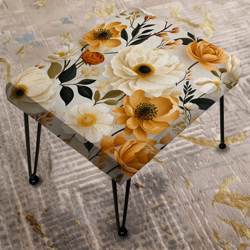 Repose-pieds rectangulaire blanc et jaune à motif floral blanc et jaune