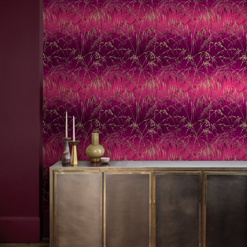 Floral Metallic Wallpaper Roll, Damson/Soft Gold