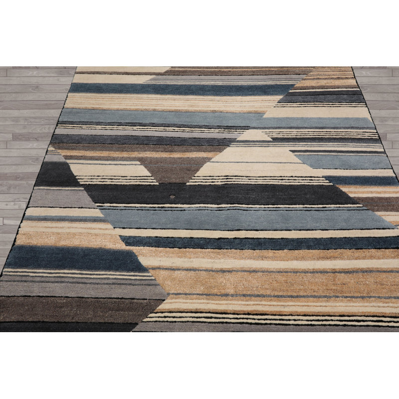 Tapis rectangulaire noué à la main 6 x 9 ivoire / noir / bleu