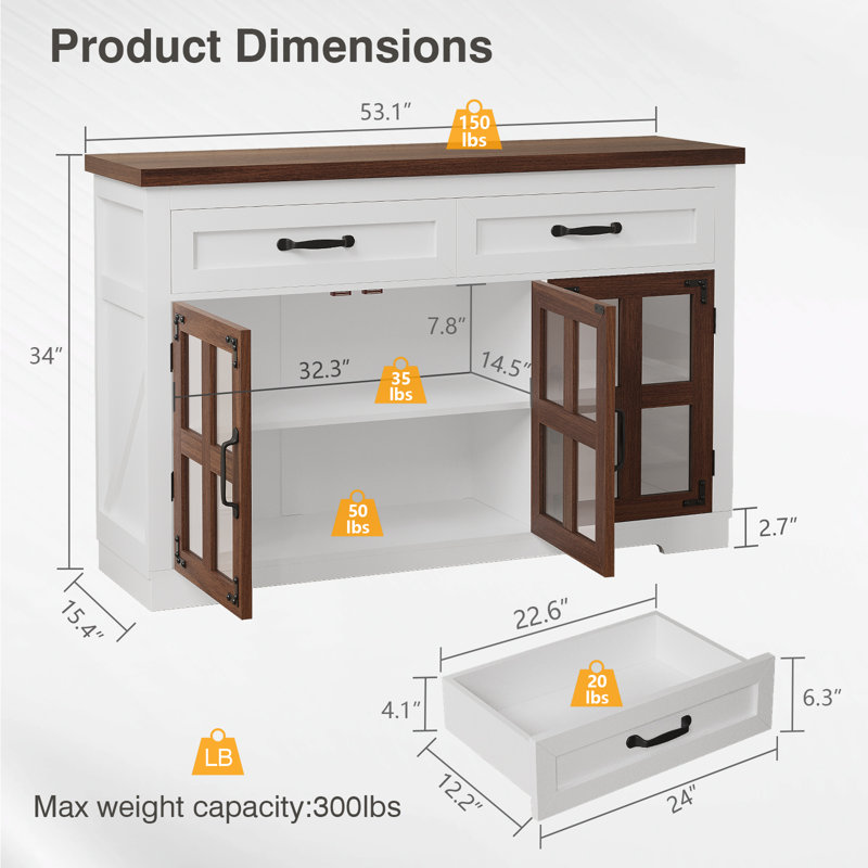 Sideboard Buffet Cabinet With Storage 53.1" Modern Cabinet Glass Door Buffet Table