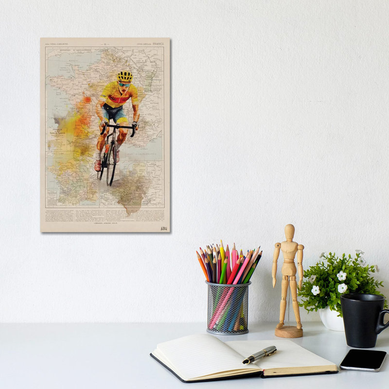 Tour de France, aquarelle, H 12 po x l 8 po x P 0,75 po, Pas de tapis, Toile tendue