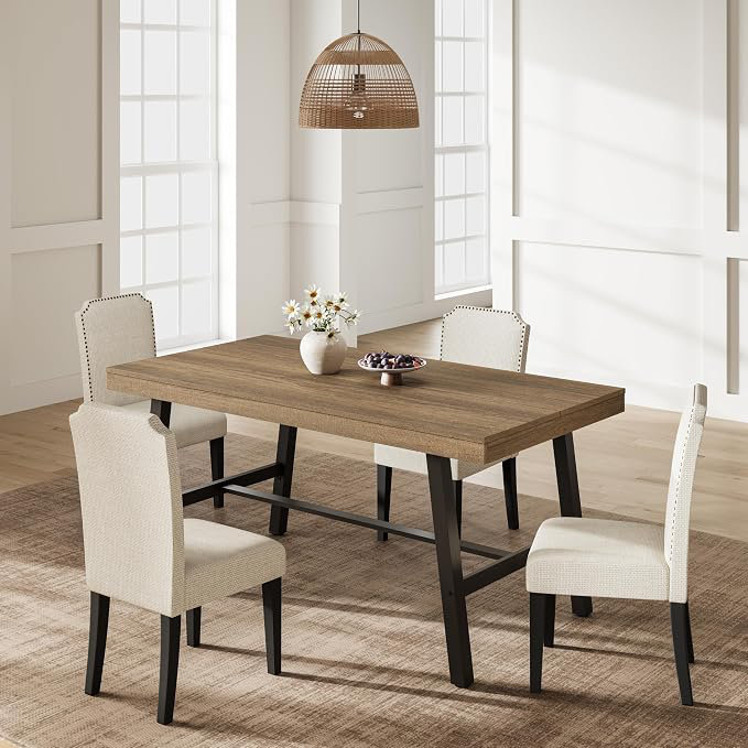 Table de salle à manger industrielle de 140 cm (55,11 po) pour 4 à 6 personnes, grand plateau rectangulaire en bois avec structure robuste en métal noir, design moderne pour la cuisine et la salle à manger, style poirier rustique