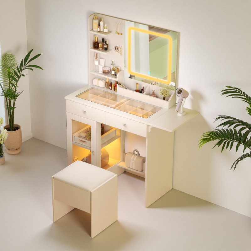Petit bureau de meuble-lavabo avec miroir, lumières et chaise, coiffeuse de maquillage avec plateau en verre et 2 barrettes d'alimentation USB, meuble-lavabo avec deux tiroirs et une armoire