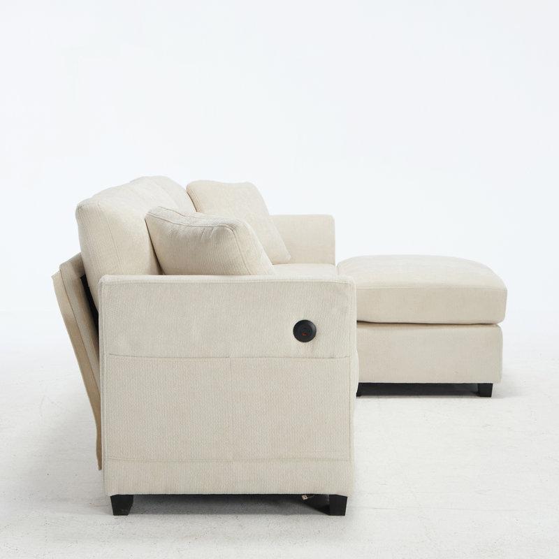 Canapé de rangement moderne en forme de L avec ports USB, poches latérales et banc repose-pieds pour un confort spacieux et une organisation intelligente.