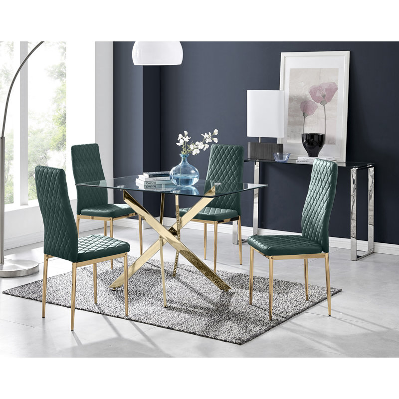 Lenworth Glass Rectangular Dining Table Set with 4 Quilted Velvet Dining Chairs, Green, Gold