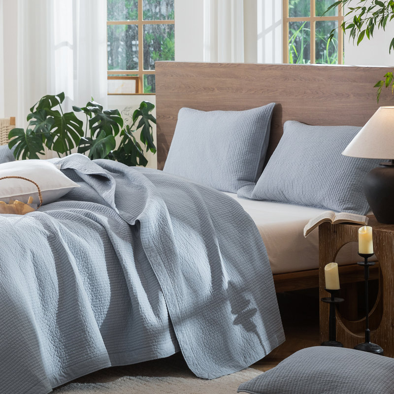 MooMee Lightweight Quilt Set 100% Washed Cotton Linen-Like Stripe Stitch Breathable All-season , Cornflower Blue