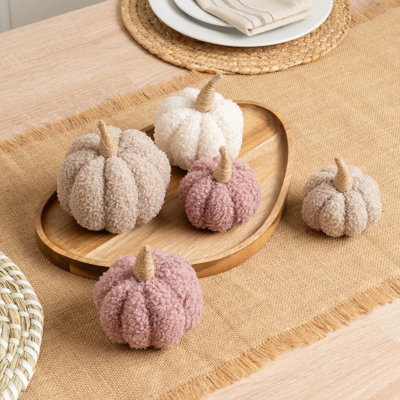 Set of 5 Decorative Boucle Pumpkins- beige