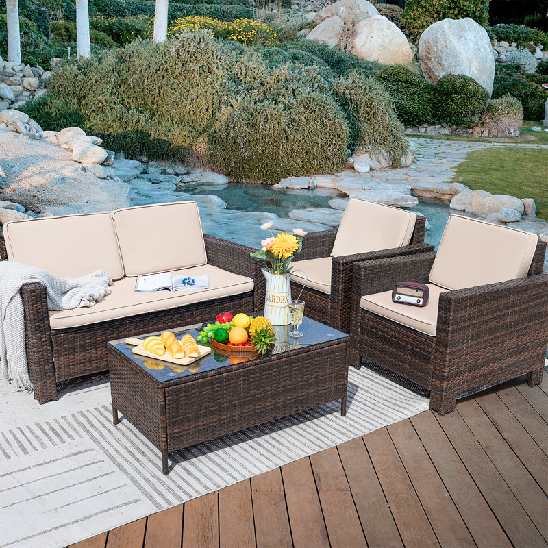 4 - Person Patio Conversation Set with Cushions, Brown, Light Beige