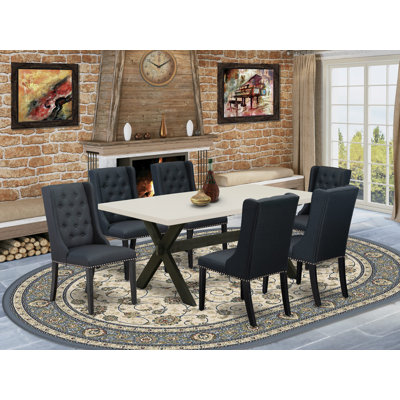Ensemble de table de salle à manger 7 pièces composé d'une table de cuisine rectangulaire avec pieds en X et 6 chaises de salle à manger Parson en tissu noir, noir brossé