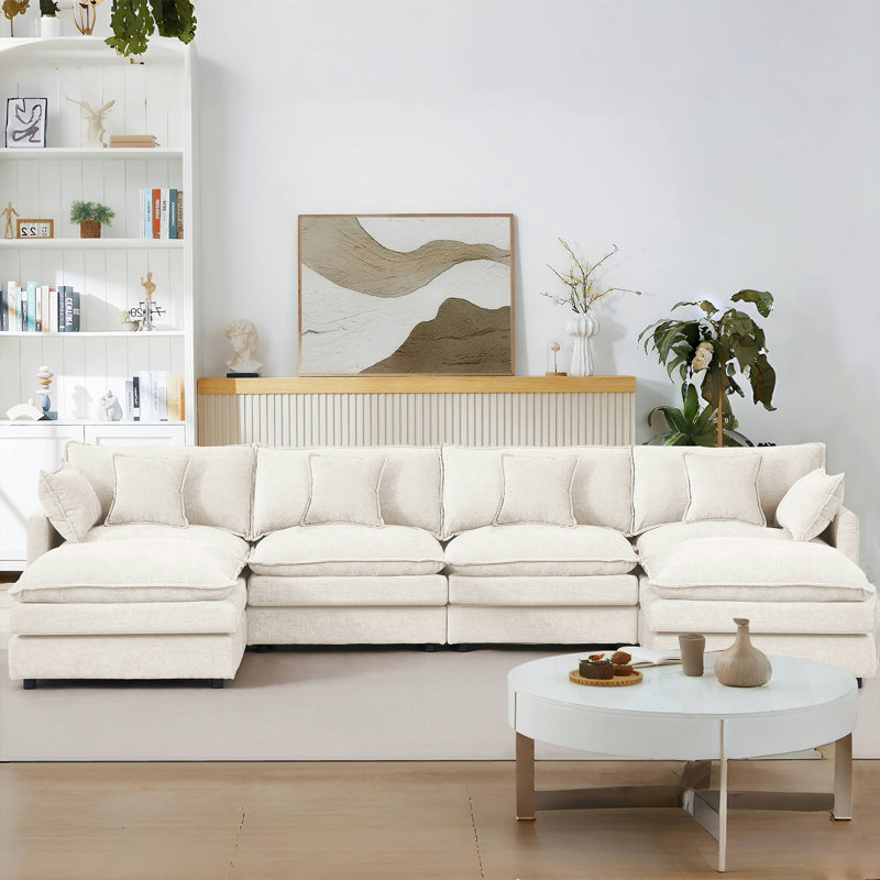 Canapé rembourré Cloud, canapé modulaire en U avec repose-pieds, Blanc
