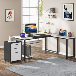 L Shaped Desk with 2 Drawers, 55 Inch Executive Office Desk with Cabinet  Storage Shelves, Business Furniture L Shaped Computer Desk for Home Office  – Built to Order, Made in USA, Custom