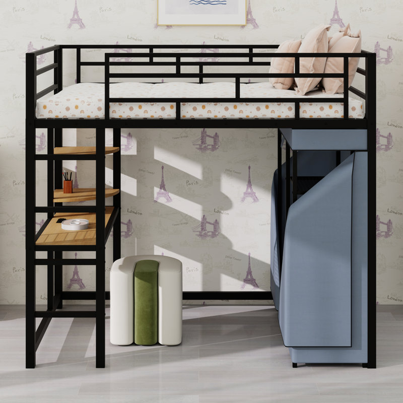 Structure de lit mezzanine en métal avec prise de courant intégrée, barrière de sécurité, éclairage à DEL et garde-robe intégrée