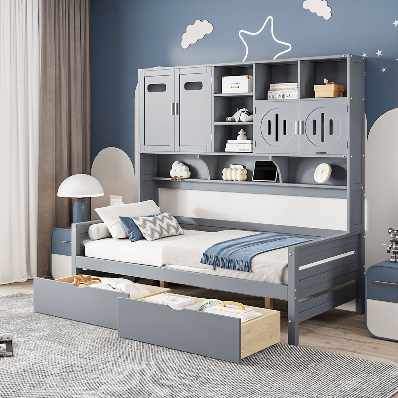 Twin Size Wooden Daybed With 2 Drawers, And All-In-One Cabinet And Shelf, Gray, Gray, Twin