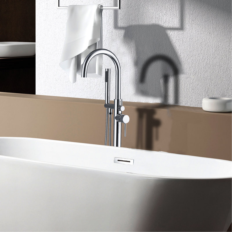 Robinet de baignoire autoportant moderne avec douche à main - métal massif brillant, 45 po de profondeur, 6,5 po de largeur, hauteur, 9 lb d'élégance de salle de bain