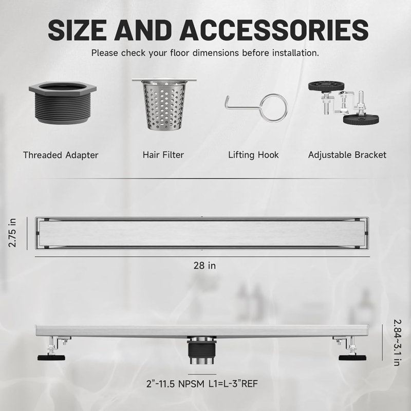 28" 304 Stainless Steel Linear Drain For Fast Drainage, Floor Drain For Bathroom, Brushed Nickel