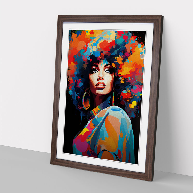 Woman With Curls Pop - Single Picture Frame Print on Wood, Walnut, 64cm H x 46cm W x 2cm D