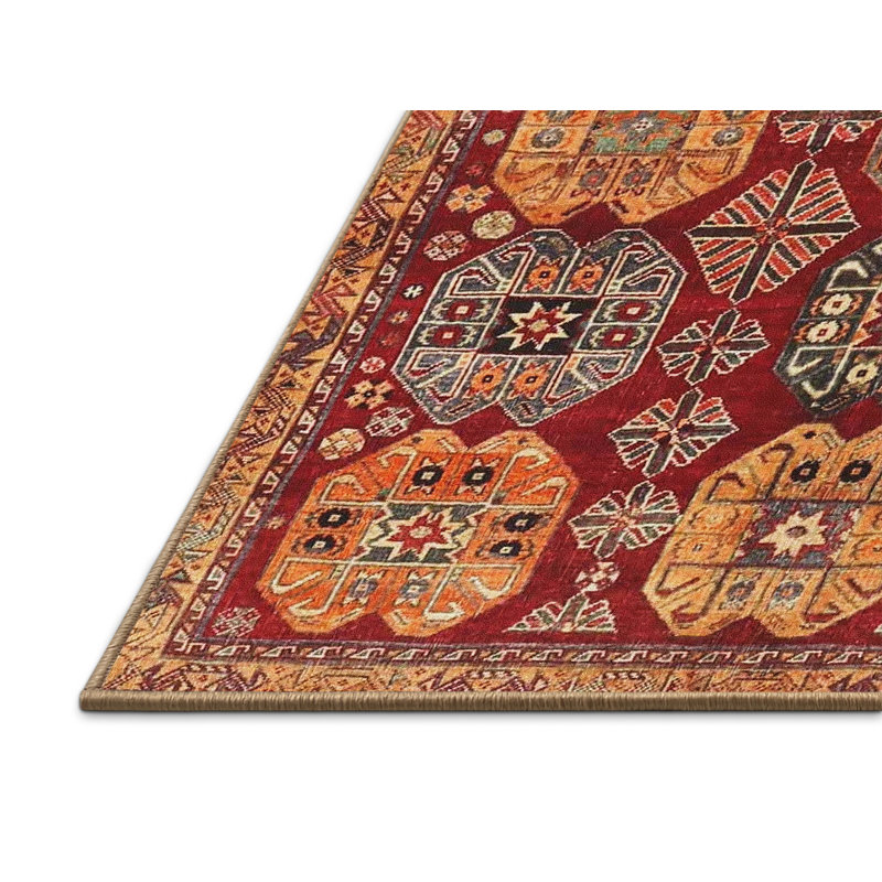 Tapis rouge/jaune traditionnel, Rectangle 5 pi x 7 pi