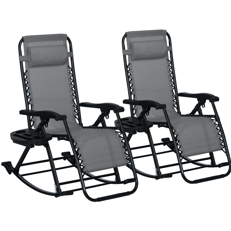 Ensemble de 2 chaises berçantes d'extérieur pliables, sans gravité, inclinables avec coussin, porte-gobelet et téléphone, gris. Fabrication, chaises ergonomiques 2 pièces, structure robuste en acier à bascule, confortable